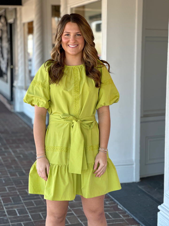 Jade Lace Trim Puff Sleeve Dress in Lime