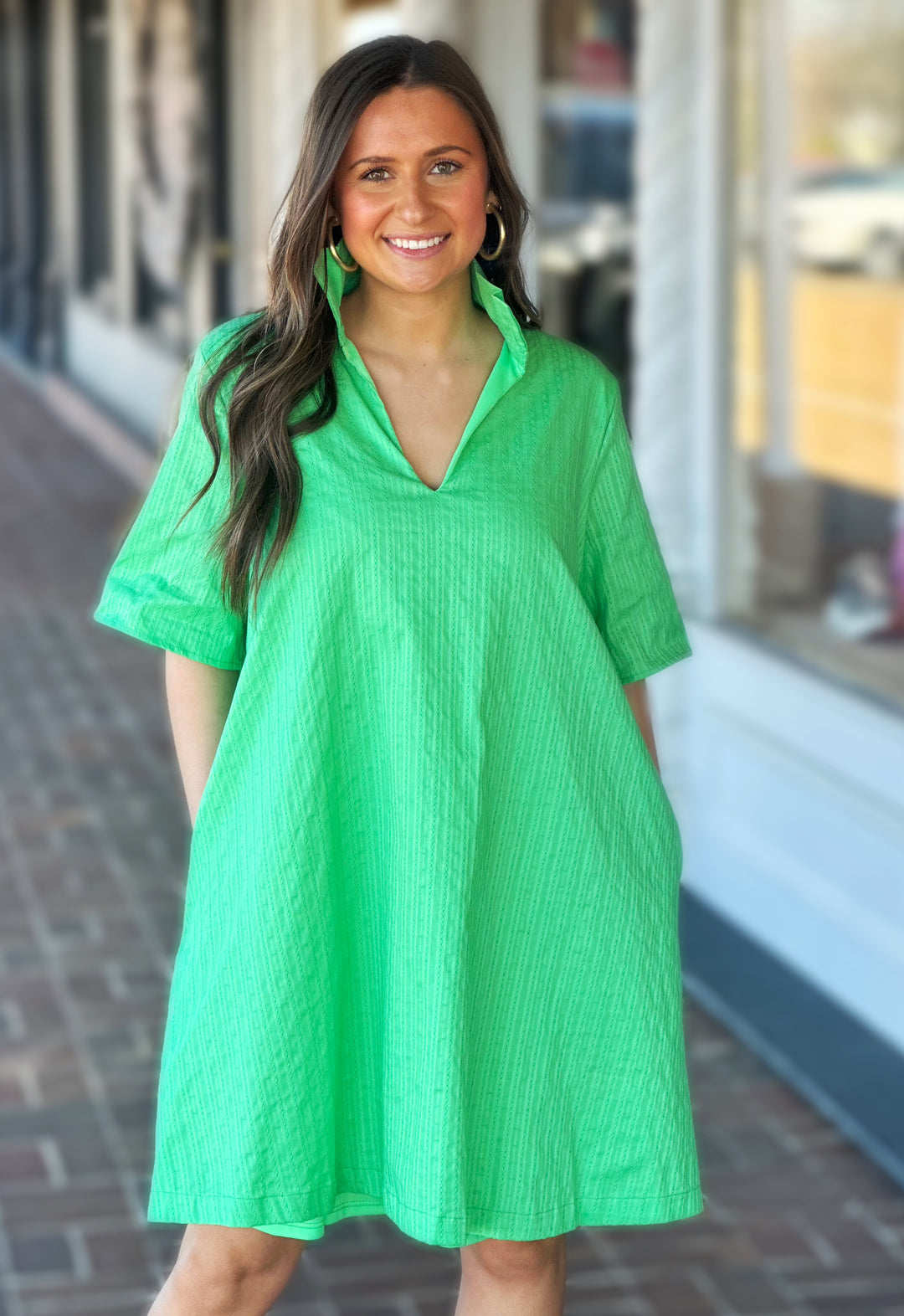 Oliva Ruffle Pocket Dress in Green Apple