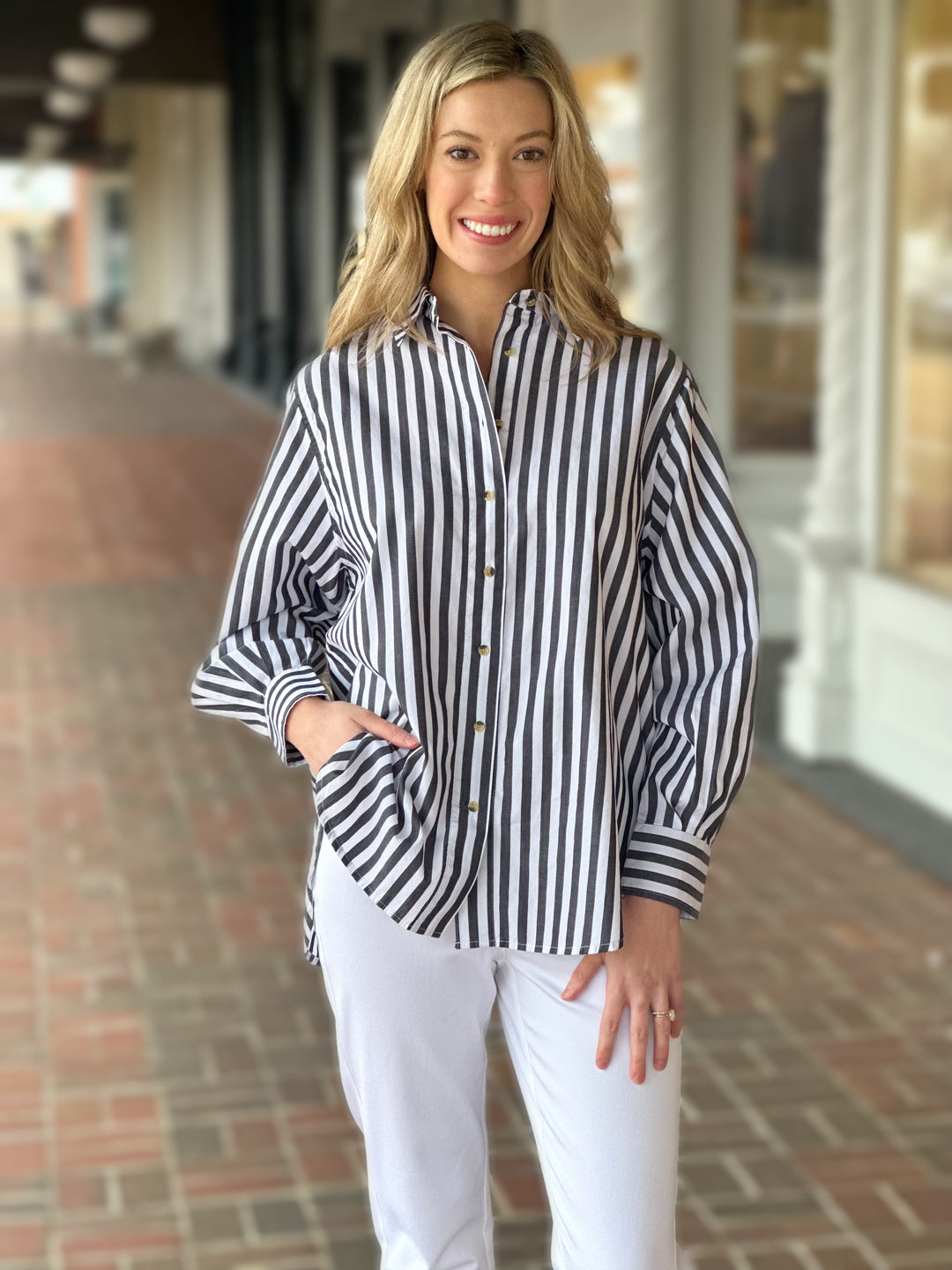 Tribal Long Sleeve Button Front Stripe Shirt