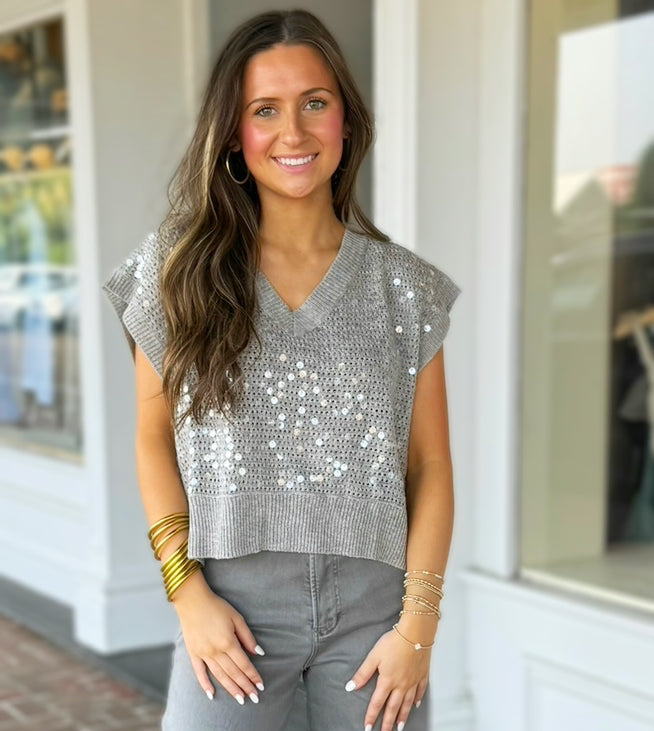 Plain Sight Grey Sequins Sweater Top