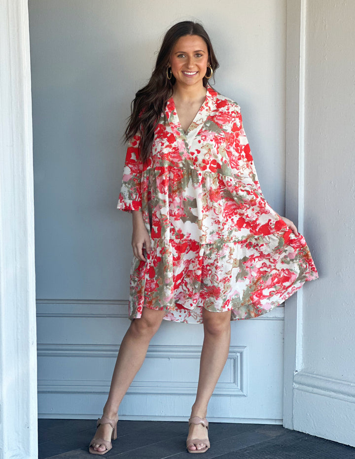 Dolly Red Coral Floral Tiered Dress