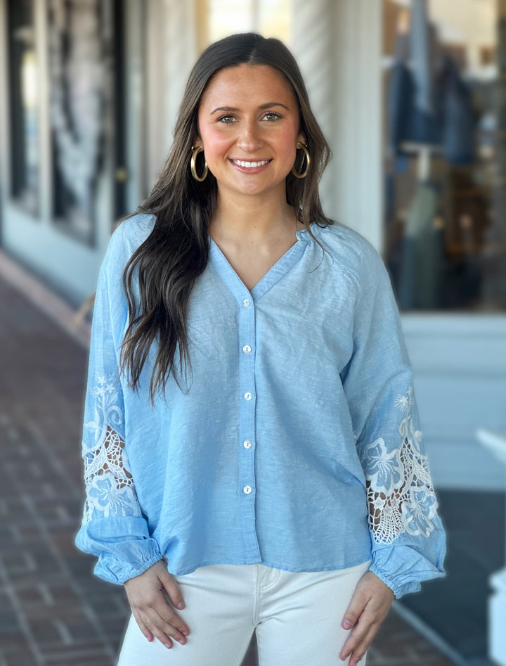 Charlie B Chambray Blue Raglan Long Sleeve Embroidery Blouse