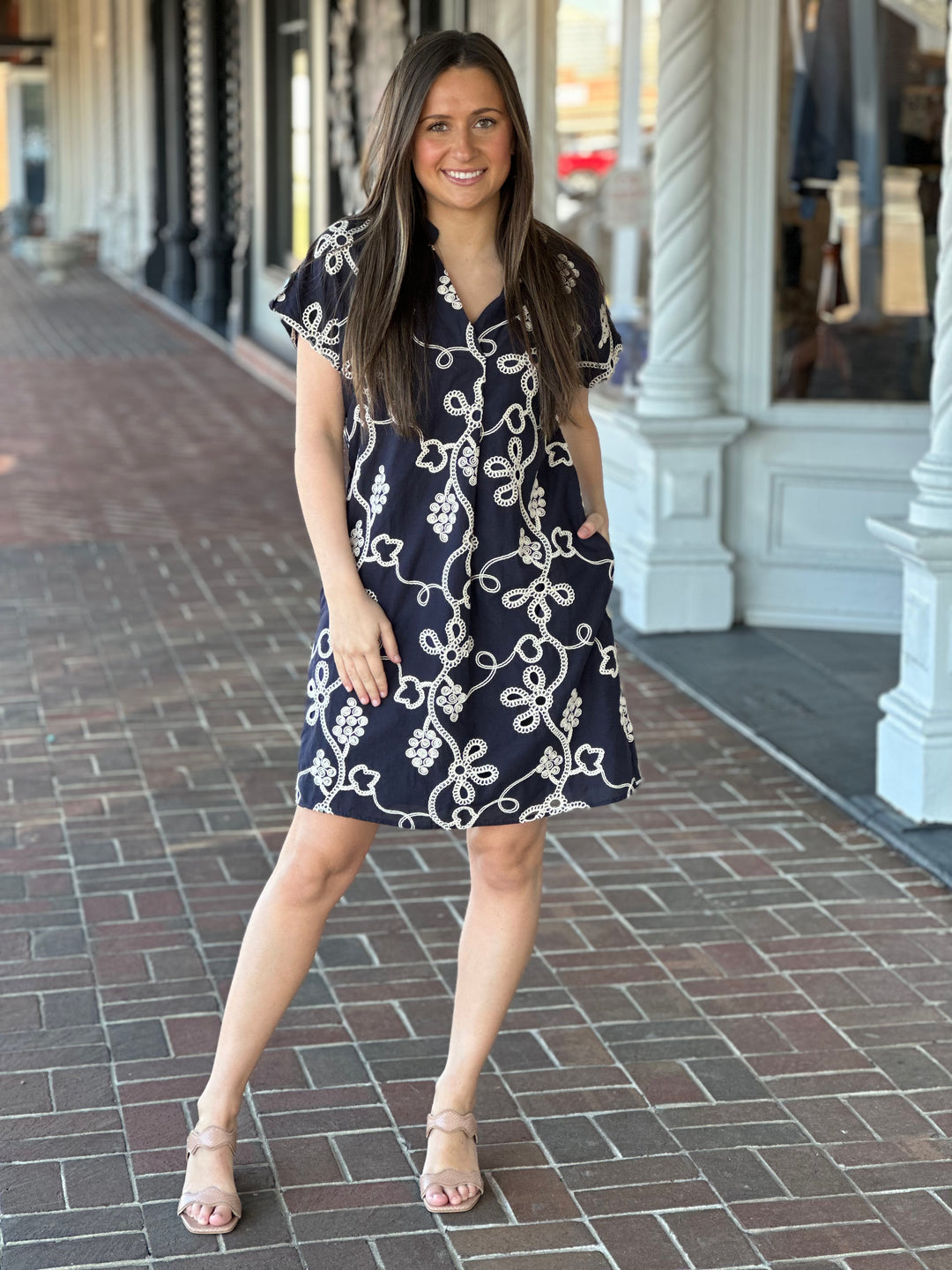 Navy Short Sleeve Embroidered Detailed Dress