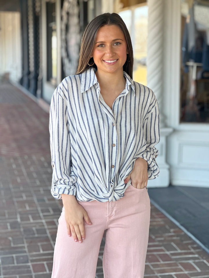 Charlie B Navy Stripe Long Sleeve Twist Front Blouse