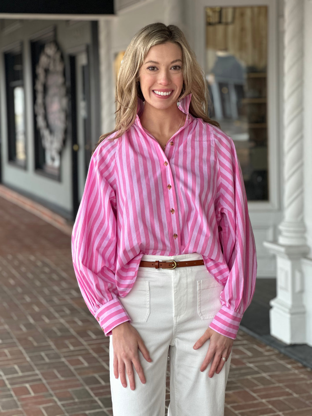 Tru Luxe Striped Balloon Sleeve Pink Top