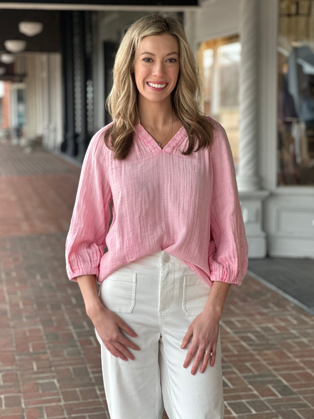 Tru Luxe Embroidered Popover Top in Pink