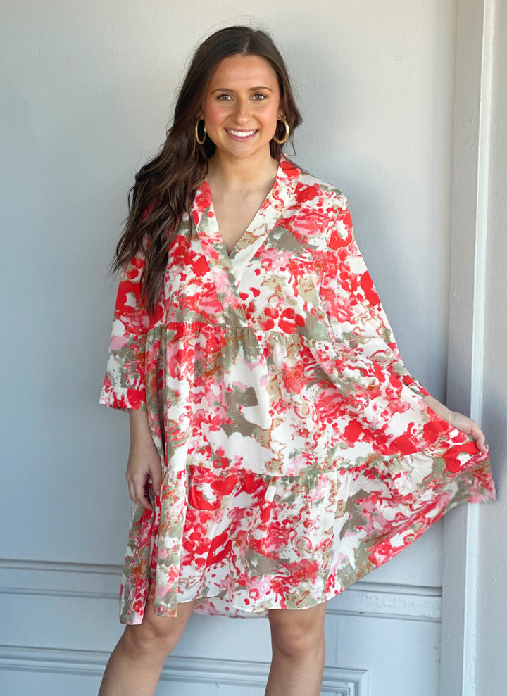 Dolly Red Coral Floral Tiered Dress