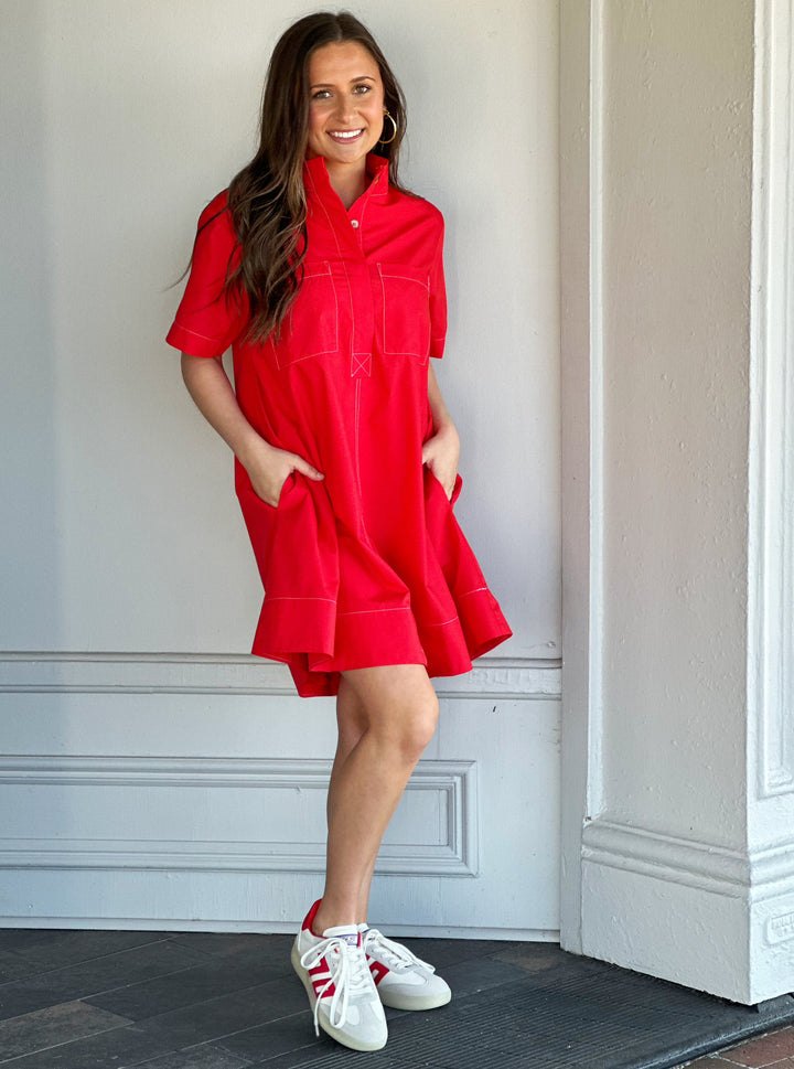 Turned Up Button Swing Mini Dress in Red