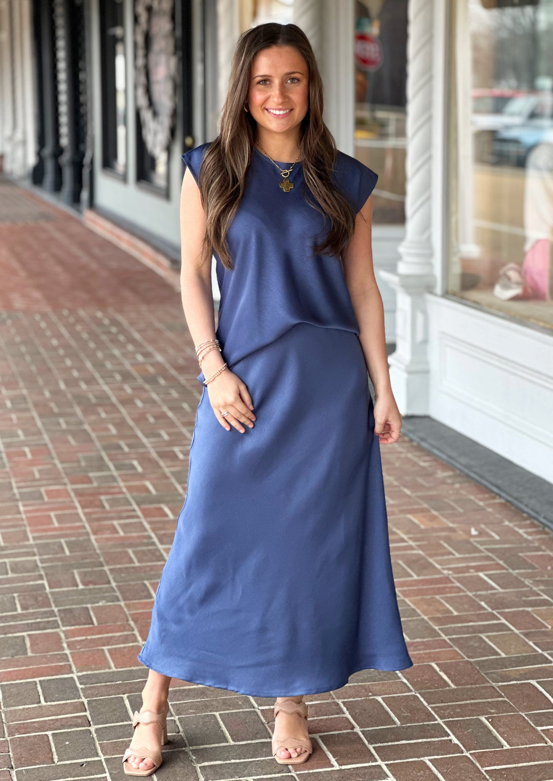 So Satin Midi Skirt in Navy