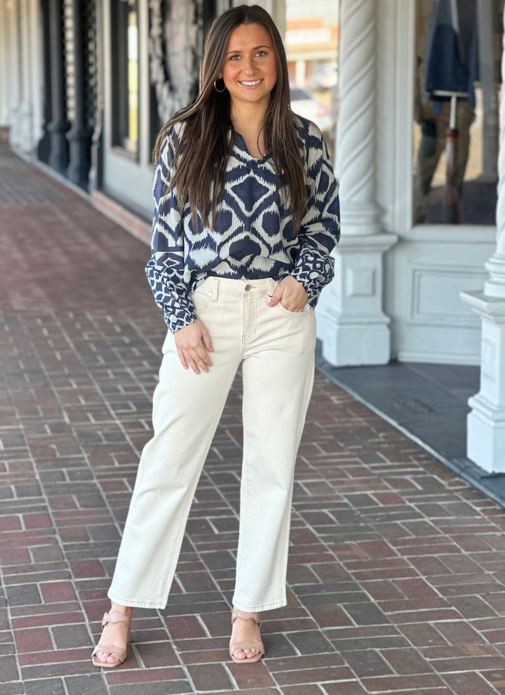 Charlie B Navy Printed Popover Blouse