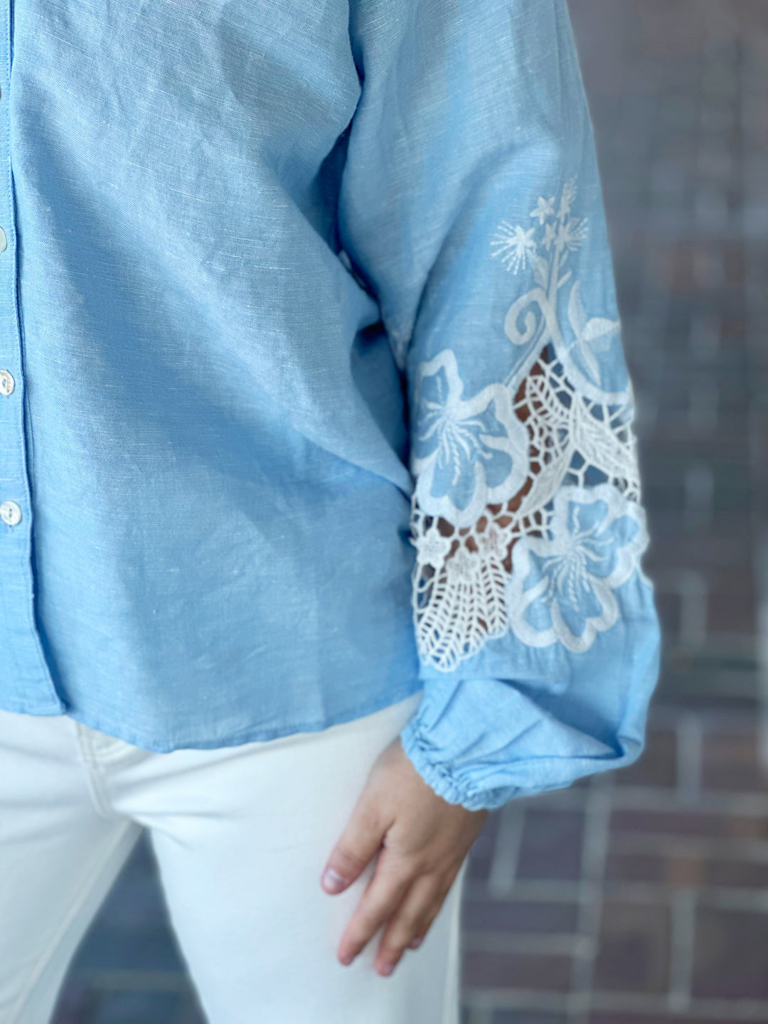 Charlie B Chambray Blue Raglan Long Sleeve Embroidery Blouse