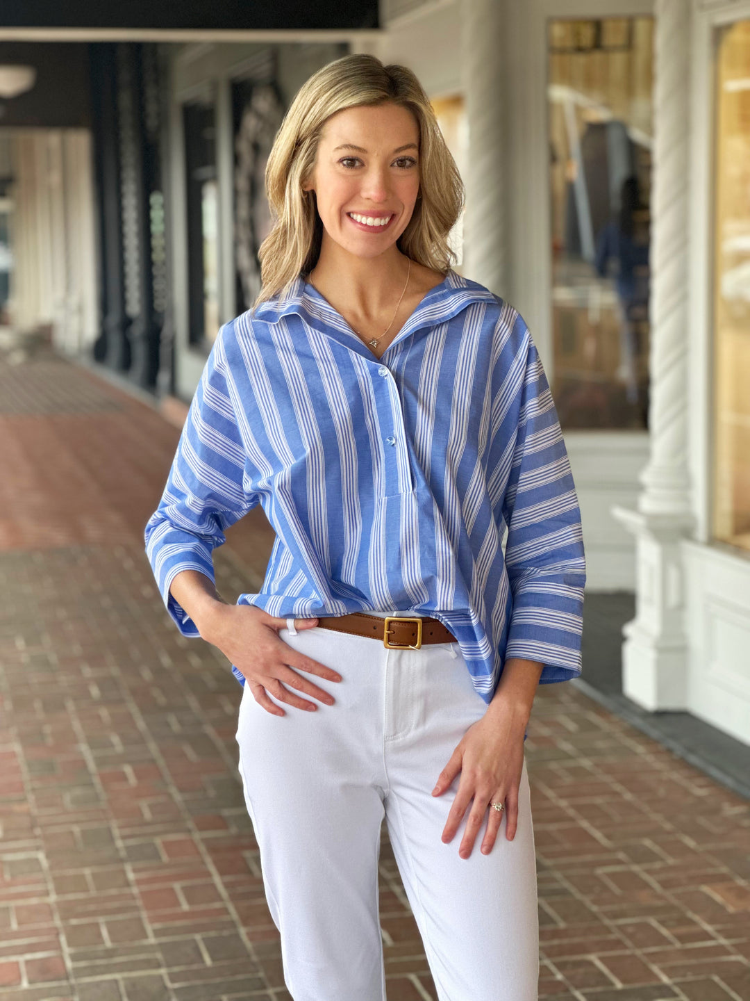 Afternoon Stroll Blue Stripe Printed Tunic Top