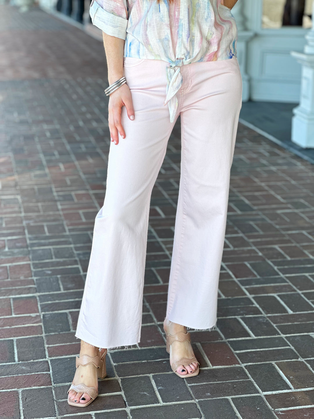 Charlie B Wide Leg Raw Edge Denim Pant in Pink Petal