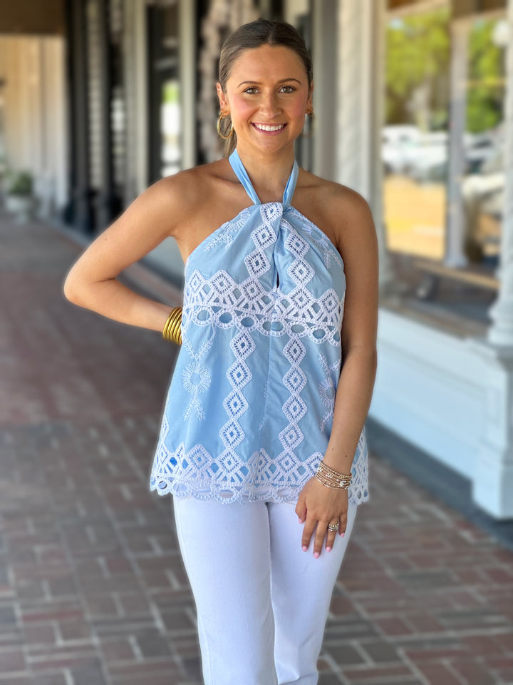 Cutwork Embroidery Halter Top in Light Blue