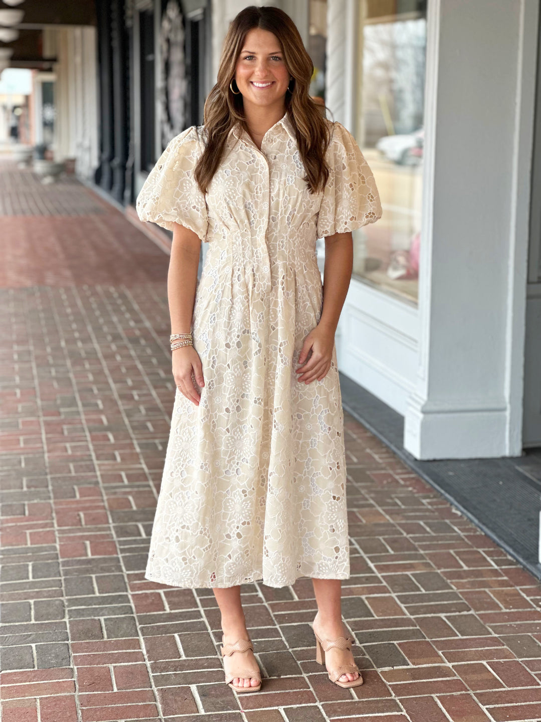 Dancing With Joy Beige Eyelet Midi Dress