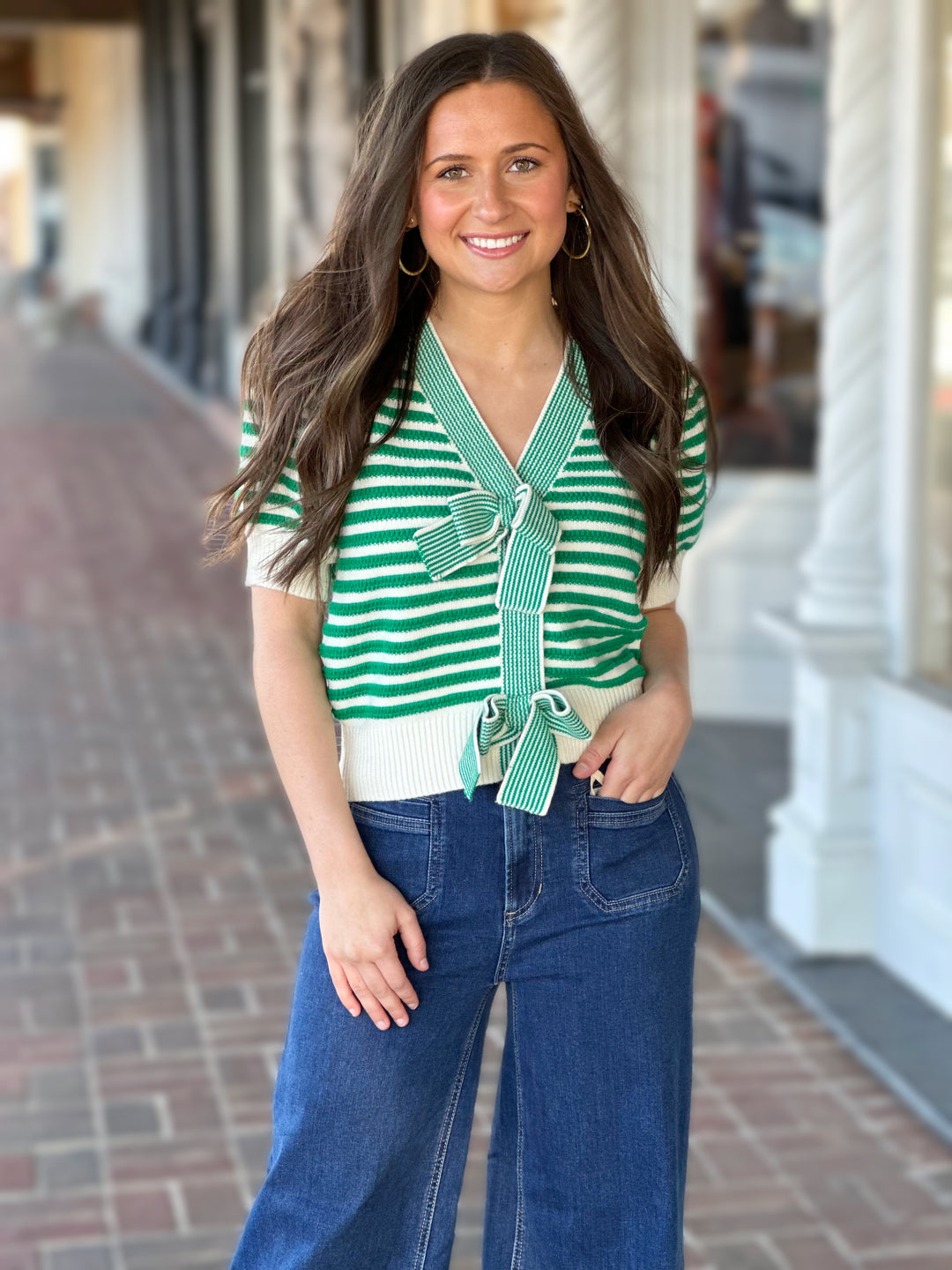 Love My Bows Green Stripe Sweater Cardigan