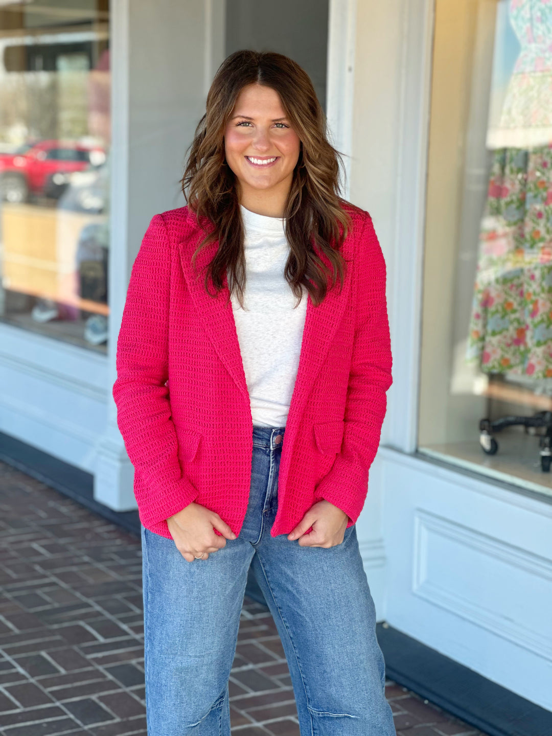 Perfect Skies Raspberry Crochet Blazer