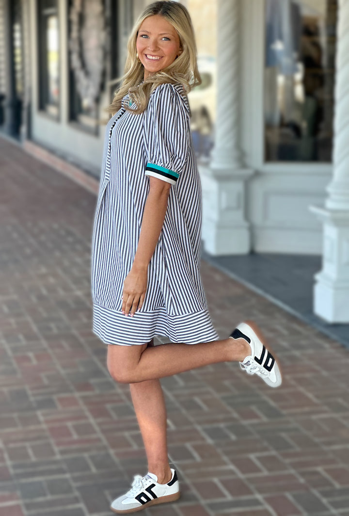 Running With It Black Striped Mini Dress