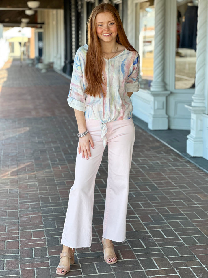 Charlie B Wide Leg Raw Edge Denim Pant in Pink Petal