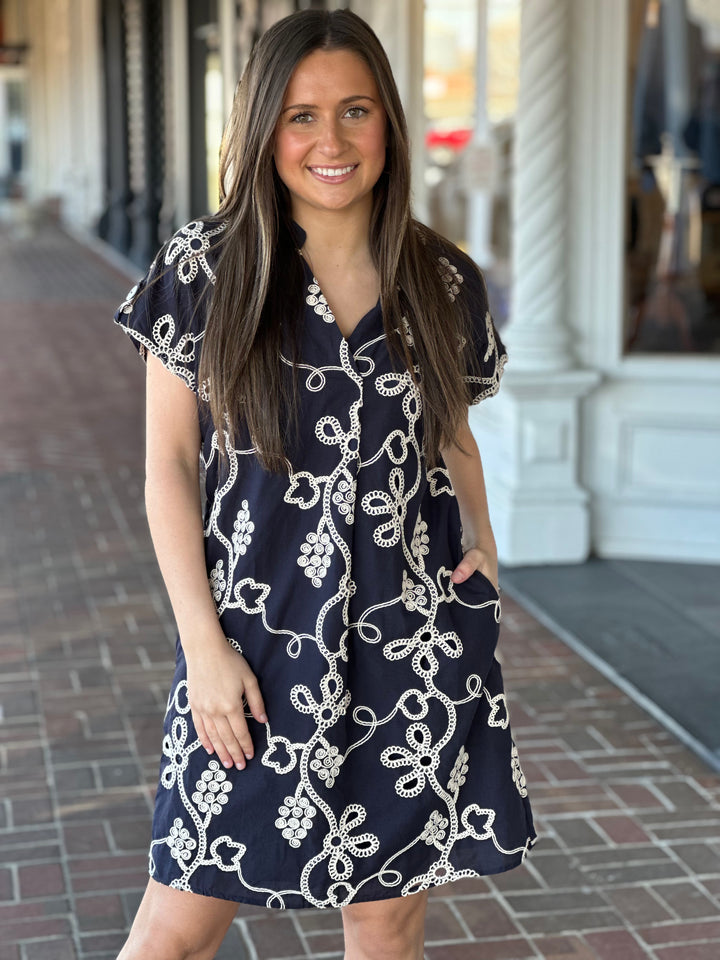 Navy Short Sleeve Embroidered Detailed Dress