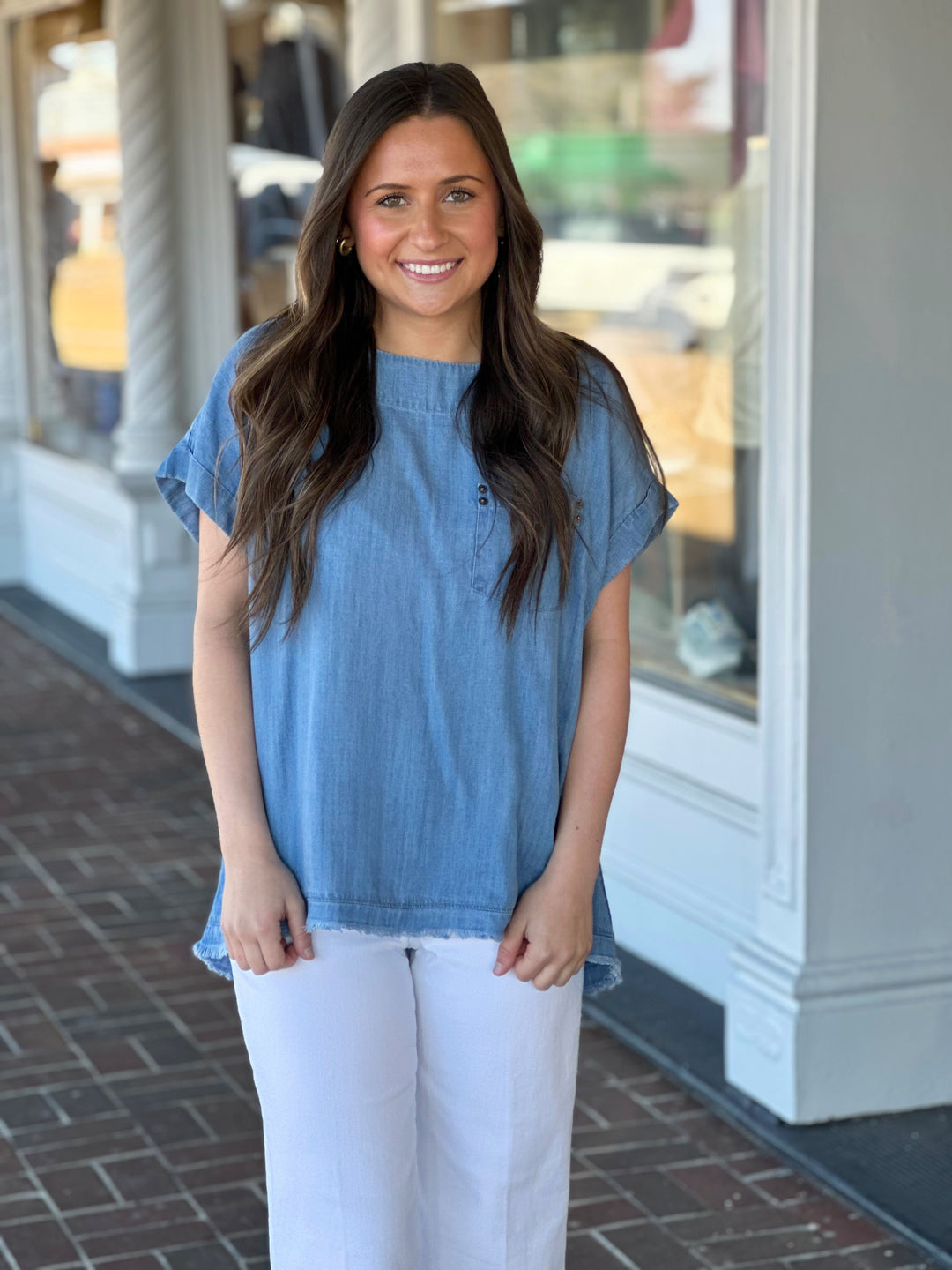 Tru Luxe Dolman Sleeve Chambray Top