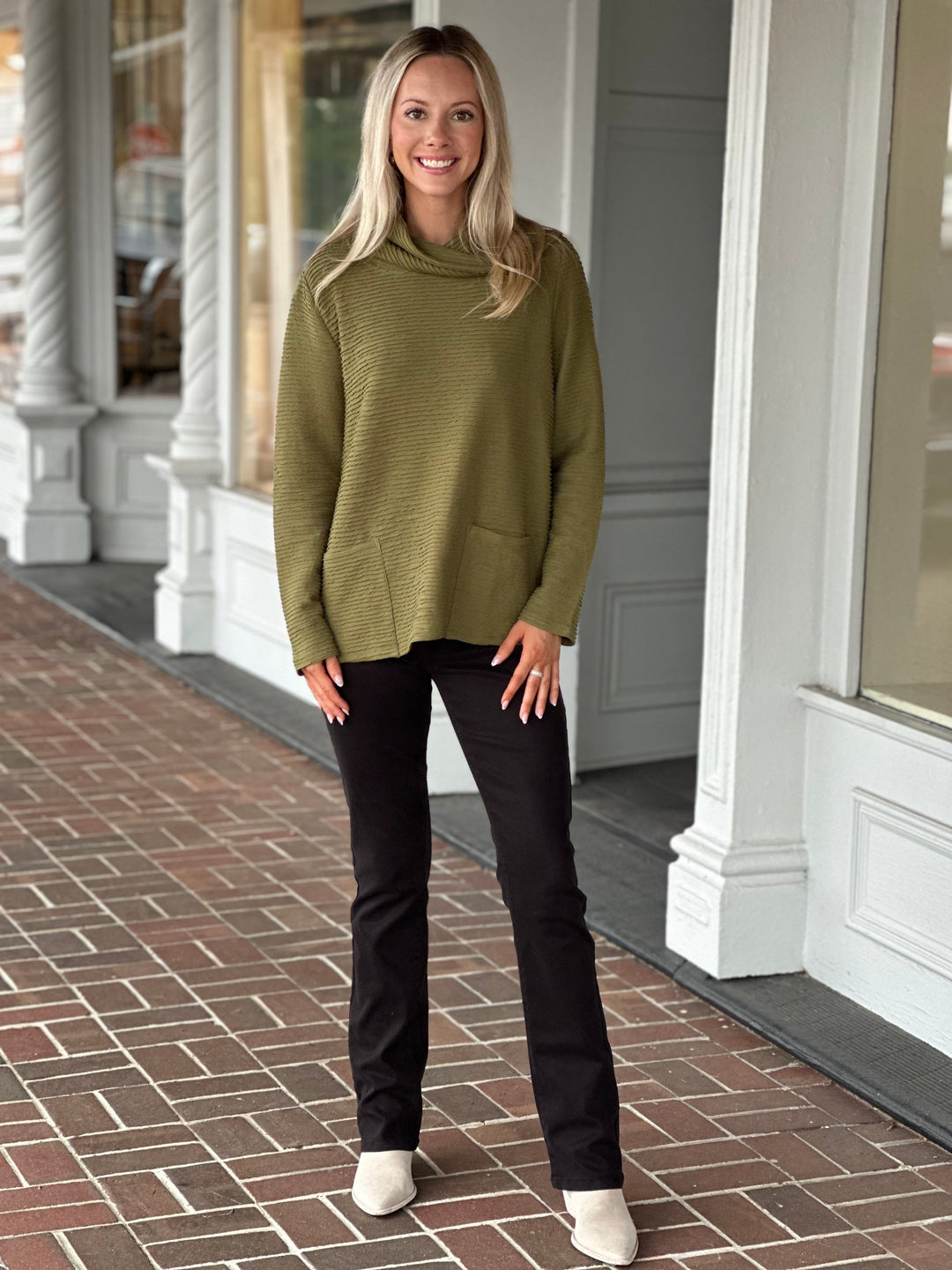 Habitat Ripple Effect Pocket Cowl Neck Sweater in Olive