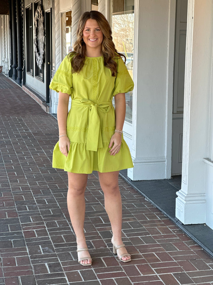 Jade Lace Trim Puff Sleeve Dress in Lime