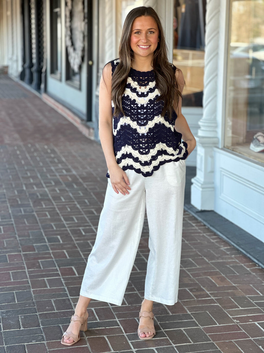 Charlie B Navy Crochet Sleeveless Crew Neck Cami