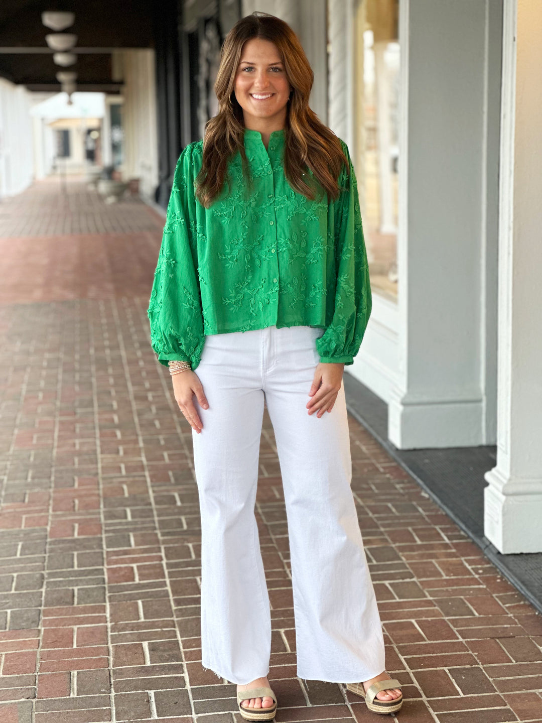 Take A Stroll Green Floral Embroidery Top