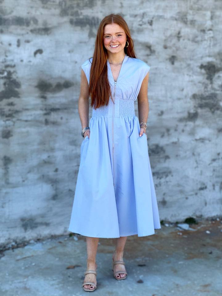 Timeless Flare Zip Midi Dress in Baby Blue