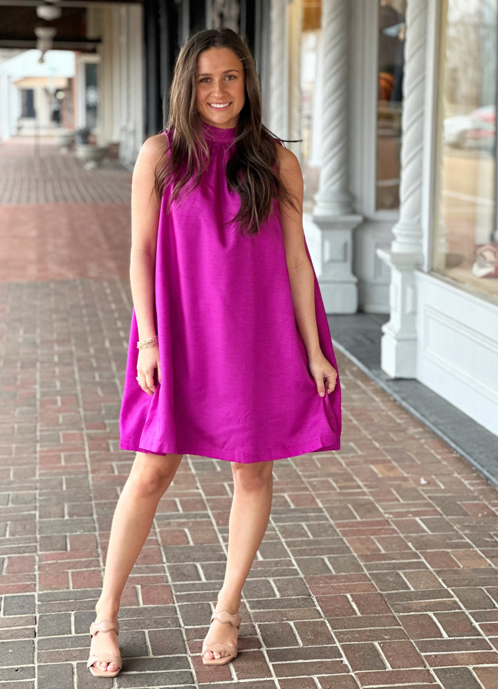 Lily Petal Magenta Tie Back Halter Satin Dress