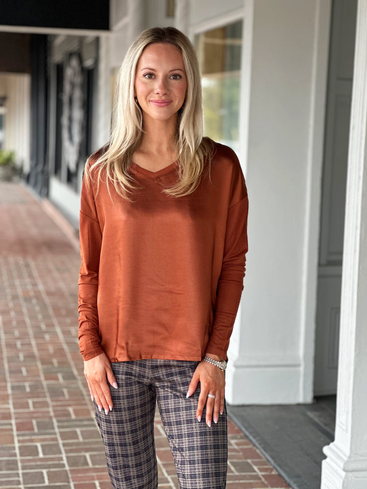 Charlie B Jersey Satin Knit Top in Terracotta