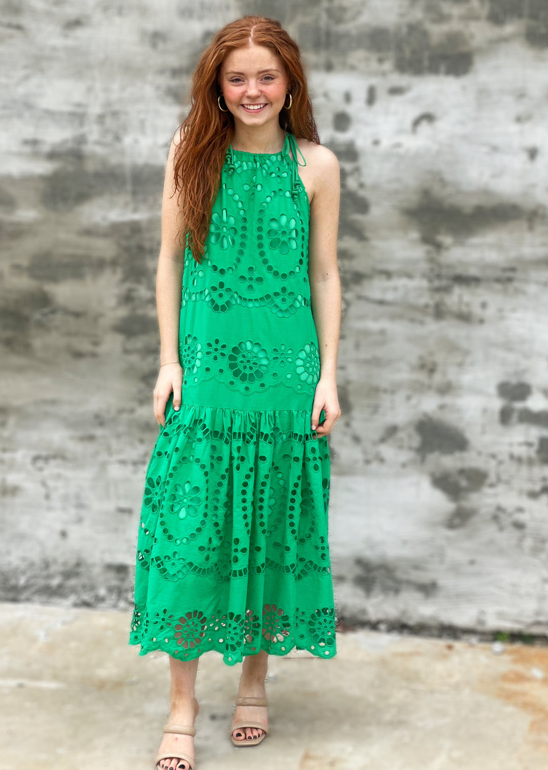 Elegant Eyelet Maxi Dress Kelly Green Dress