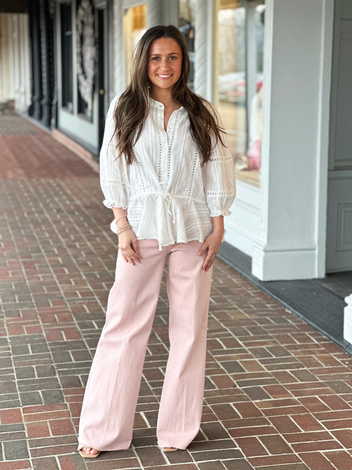 Dylan Crochet Tie Waist White Top