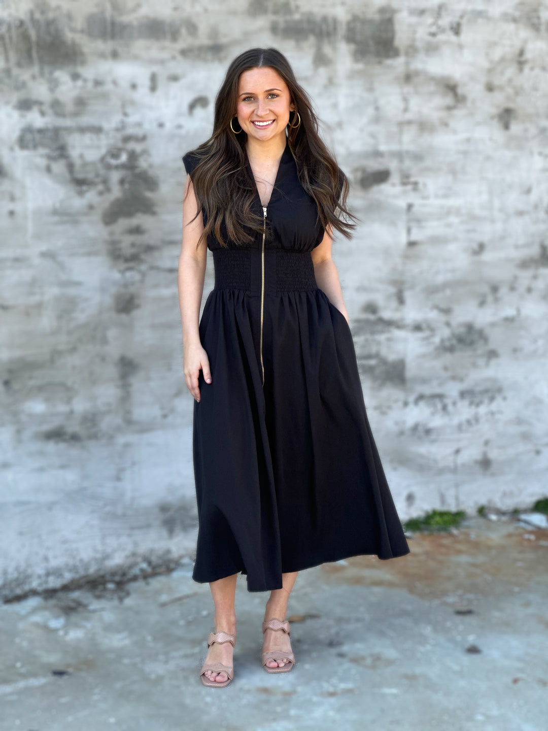 Timeless Flare Zip Midi Dress in Black