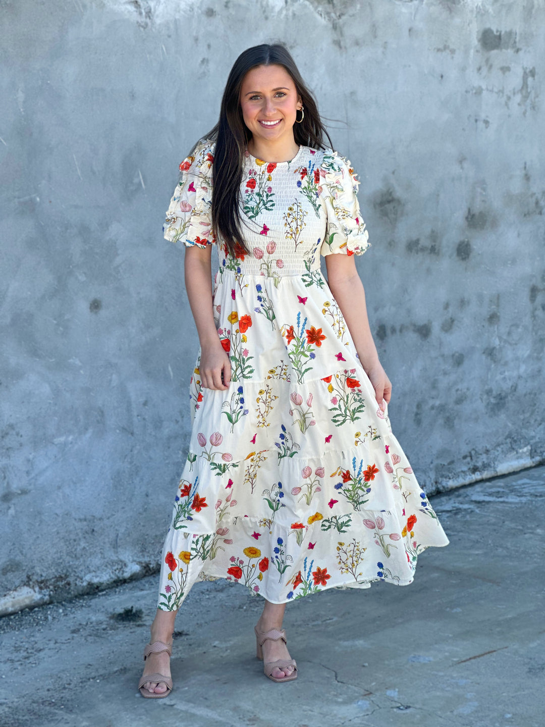 Full Bloom Puff Sleeve Floral Cream Maxi Dress