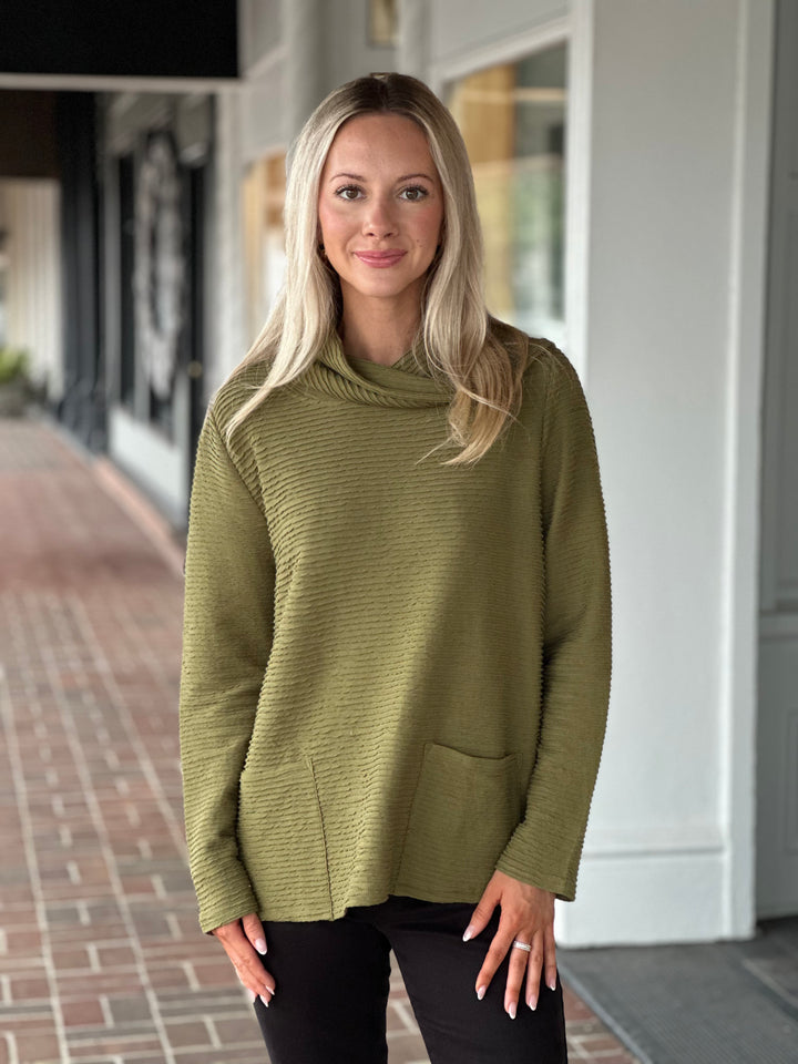 Habitat Ripple Effect Pocket Cowl Neck Sweater in Olive