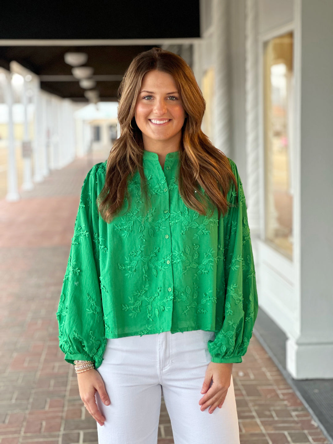 Take A Stroll Green Floral Embroidery Top