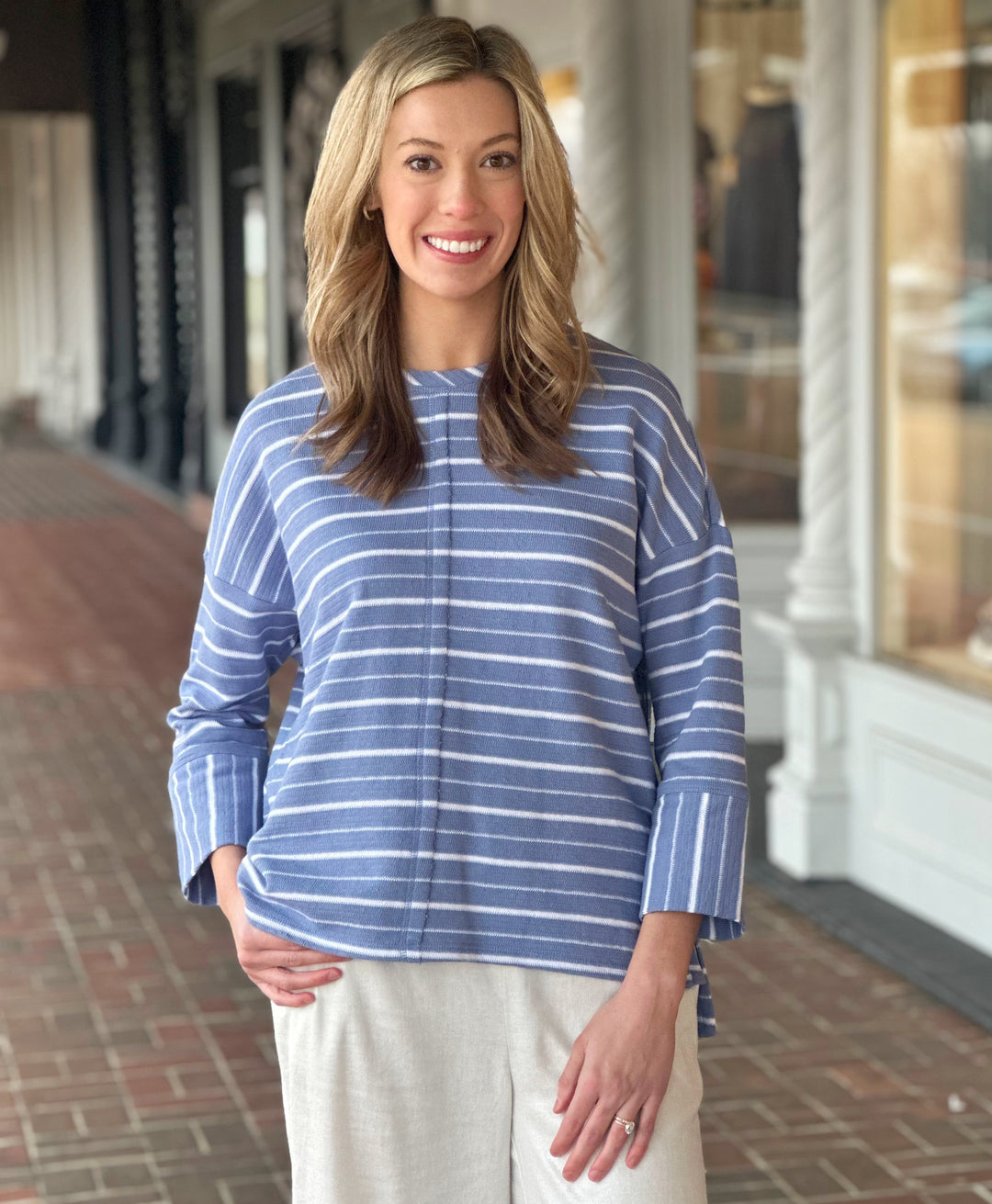 Habitat Weekend Terry Striped Boxy Blue Crew Top