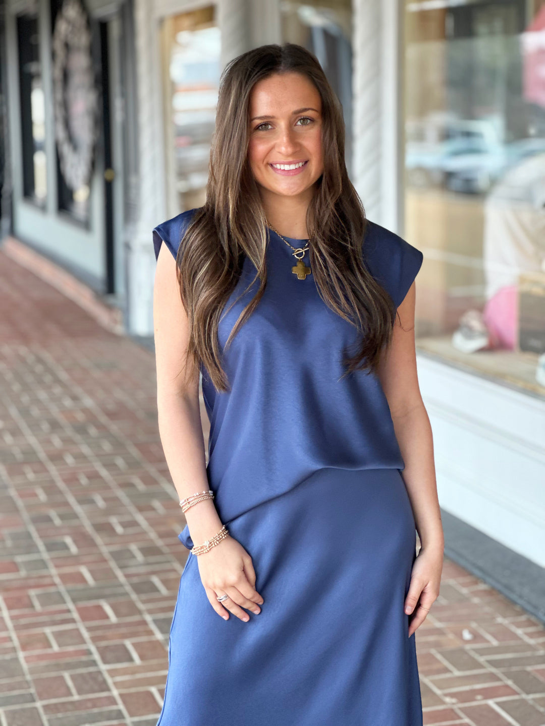 So Satin Drop Shoulder Top in Navy