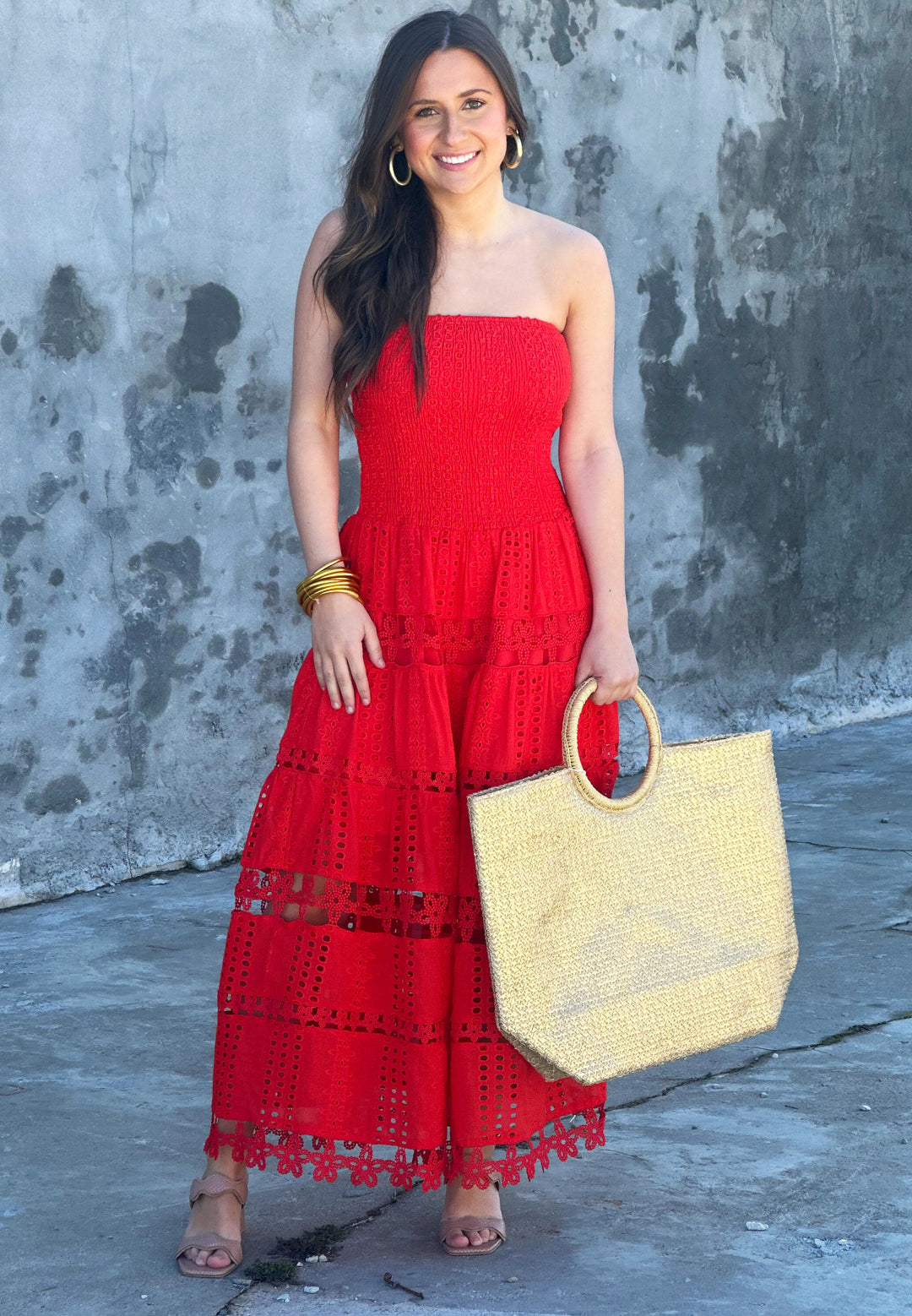 Dazzling Daybreak Red Eyelet Lace Tube Dress