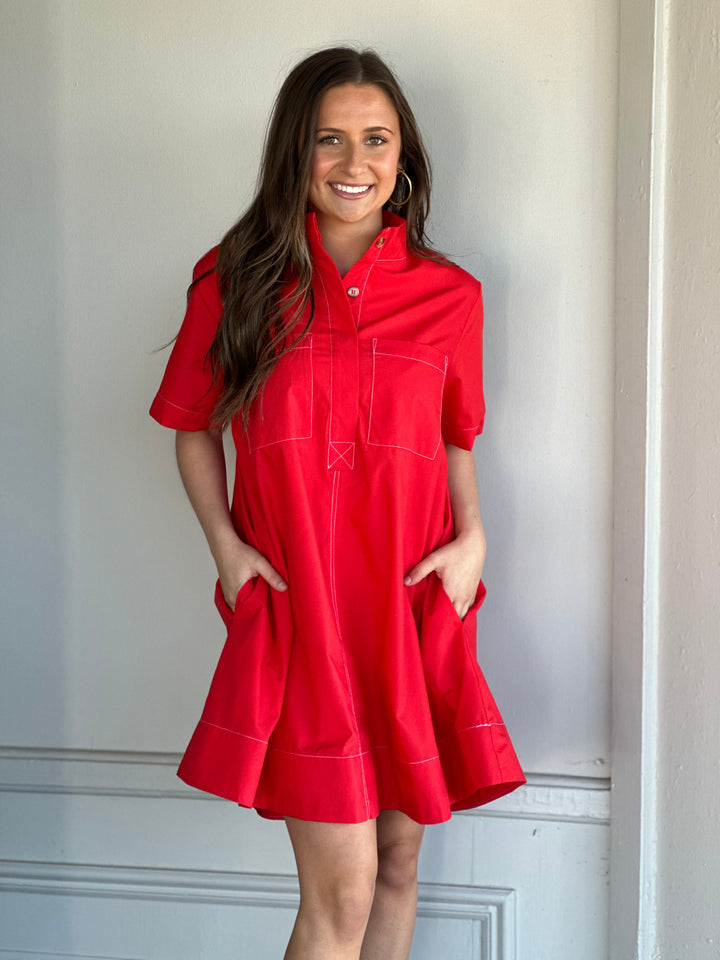 Turned Up Button Swing Mini Dress in Red