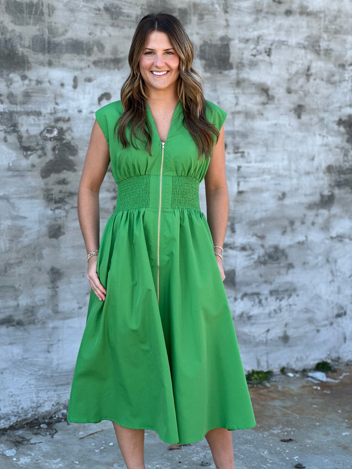 Timeless Flare Zip Midi Dress in Green