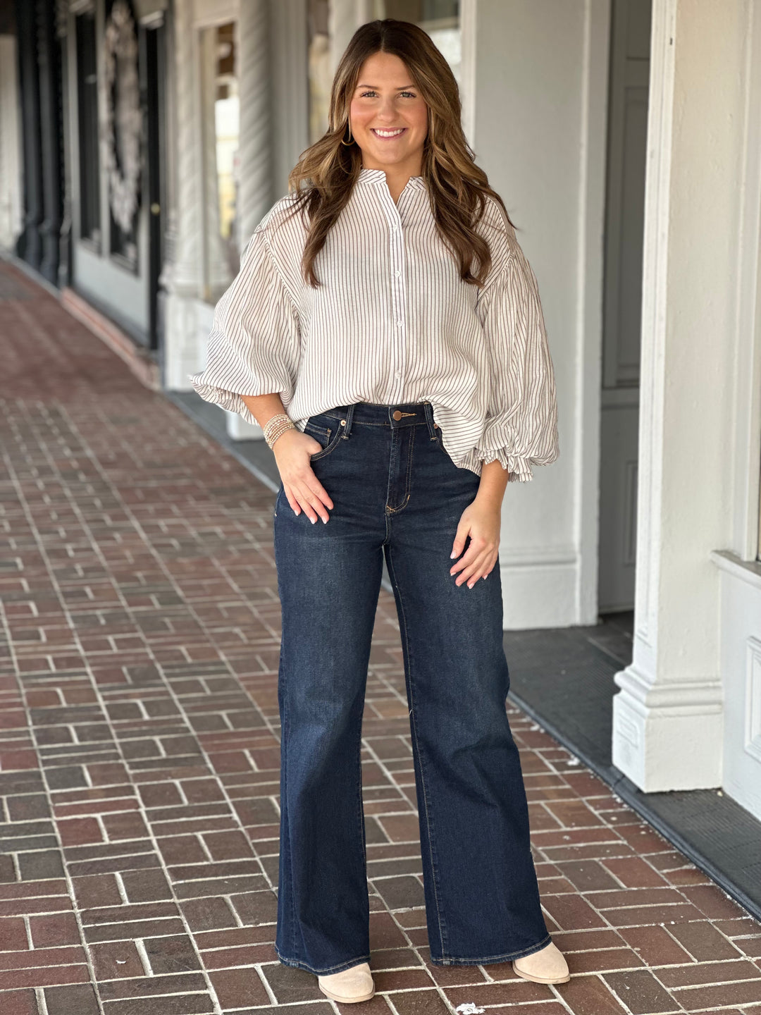 Giving It My All Stripe Top in Taupe