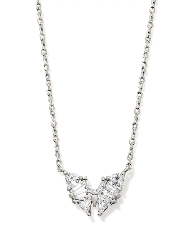 Kendra Scott Blair Silver Butterly Small Short Pendant Necklace in White Crystal