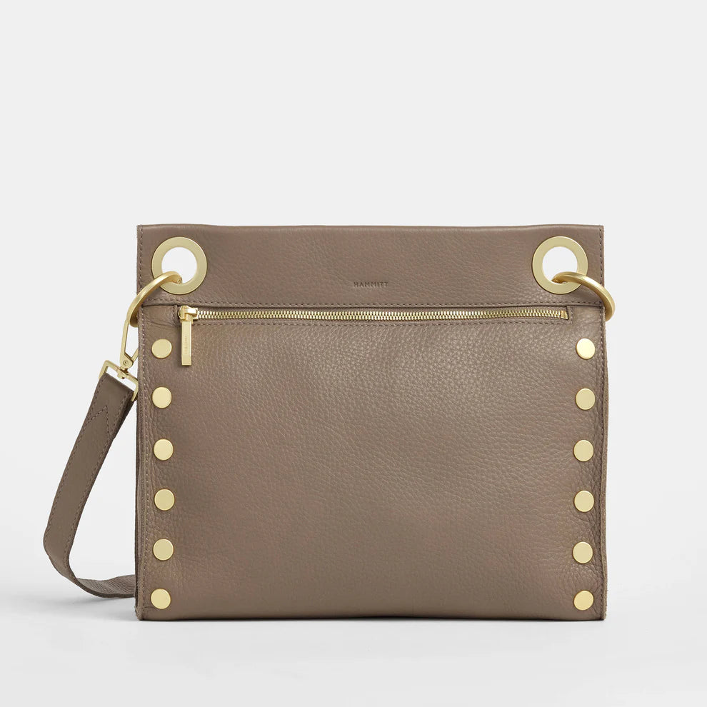 Hammitt VIP Med Zippered Leather Crossbody Clutch in Sculpted Taupe/Brushed Gold