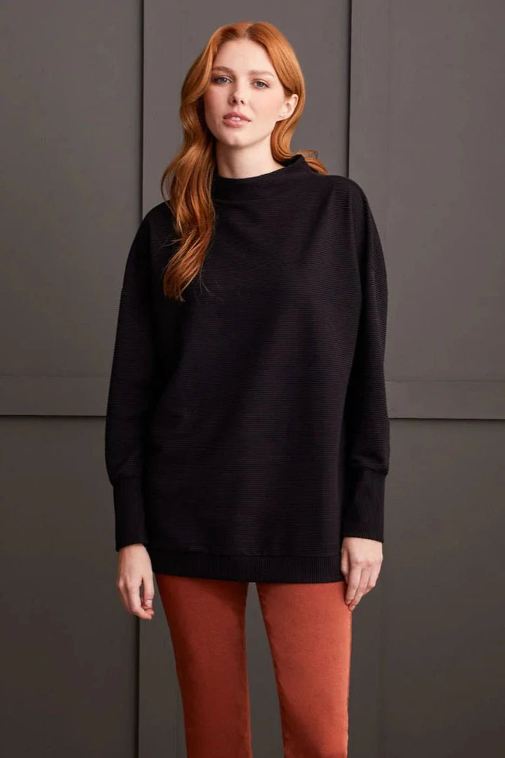 Tribal Funnel Neck Pullover Top in Black