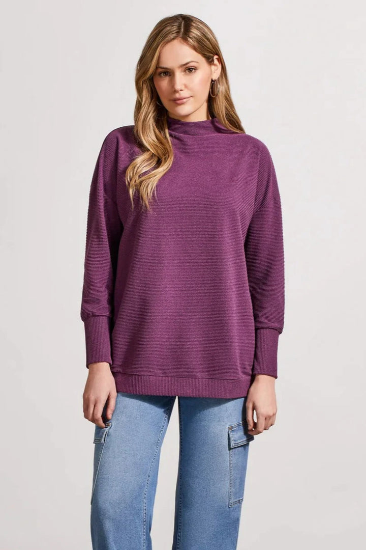 Tribal Funnel Neck Pullover Top in Dark Plum