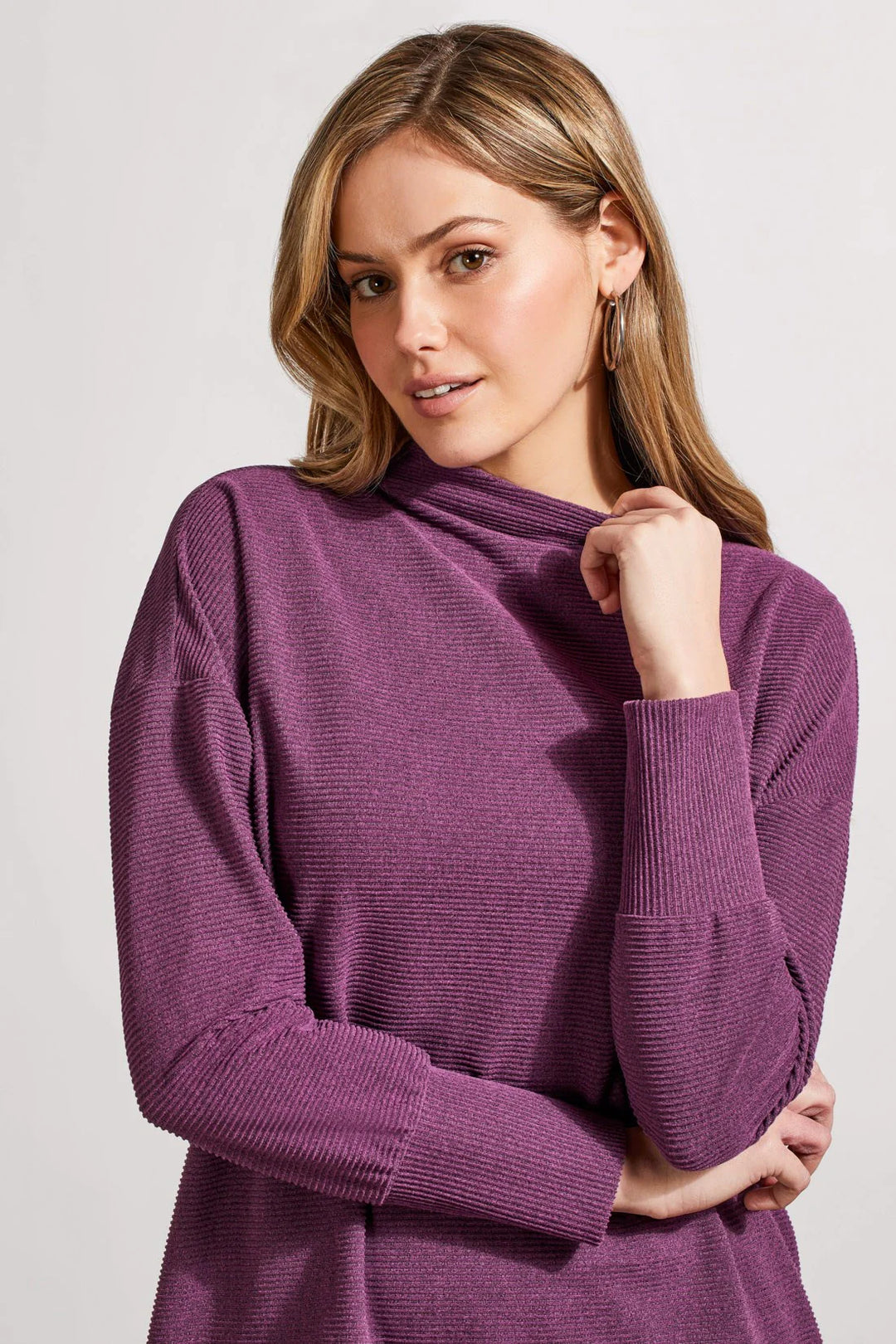 Tribal Funnel Neck Pullover Top in Dark Plum