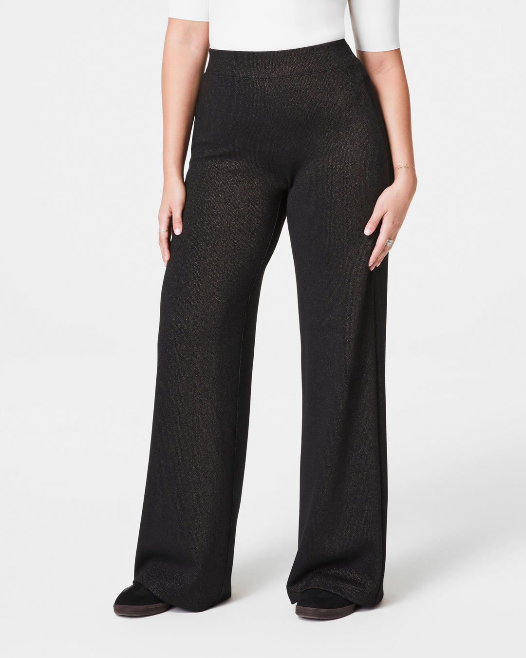 Spanx AirEssentials Shimmer Wide Leg Pant in Very Black Gunmetal